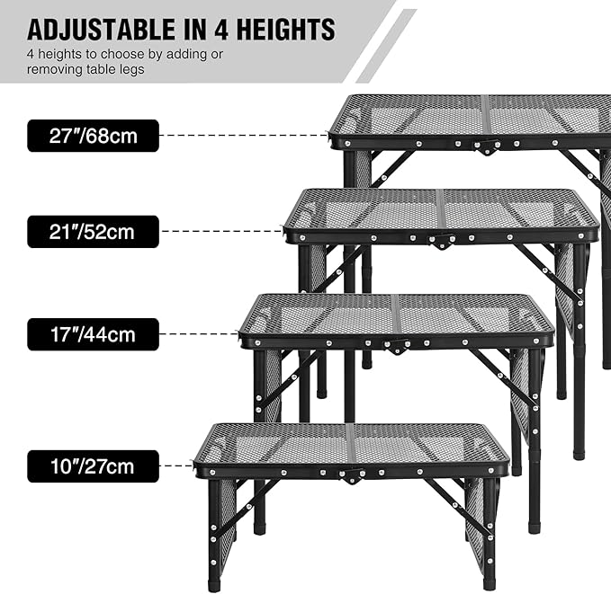 RedSwing Folding Grill Table with Extra Space, Adjustable Height Portable Small Stand Table for Outdoor Indoor Camping Picnic BBQ, Black with Side Table