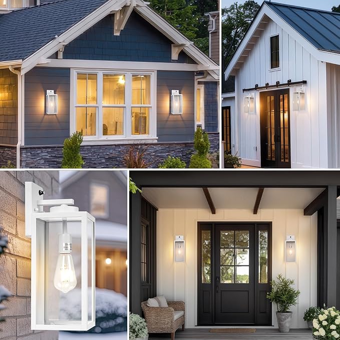 16-inch White Dusk to Dawn Outdoor Wall Light Fixtures, Exterior Waterproof Wall Lanterns, Large Porch Sconces Lighting, Modern Outside Lights for House Patio Front Door Entryway, 2-Packs