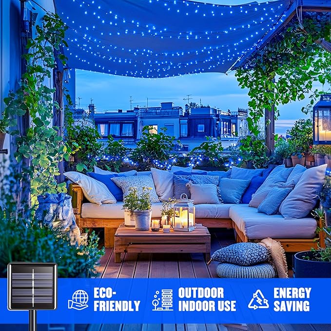JMEXSUSS 2 Pack Blue Solar Christmas Lights: 100 LED 33ft Blue Solar Lights Outdoor, 8 Modes Solar String Lights for Outside Christmas Tree Gardens Party