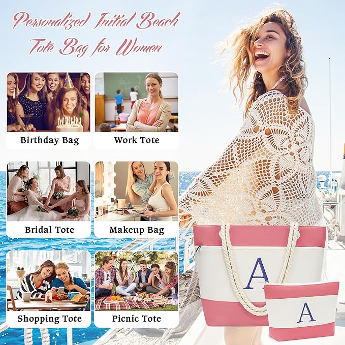 YOOLIFE Beach Bags for Women - Initial Tote Waterproof Bag with Makeup Bag, Mothers Day Gifts for Women Mom Friend Birthday