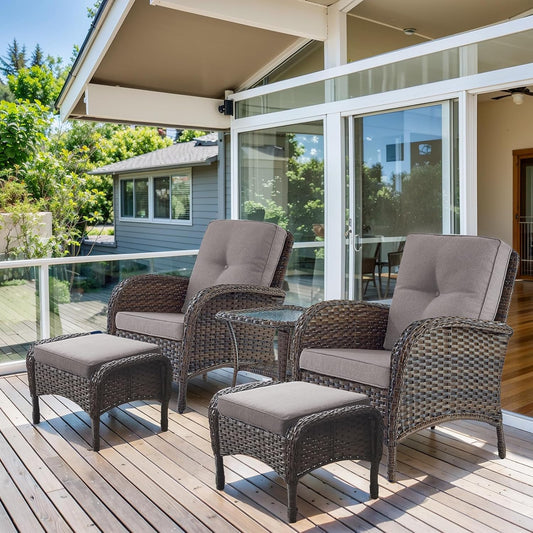 HUMMUH 5 Pieces Patio Furniture Set Wicker Outdoor Bistro Chairs with Ottomans Glass Top Side Table,Outdoor Conversation Set for Porch Deck Backyard Poolside