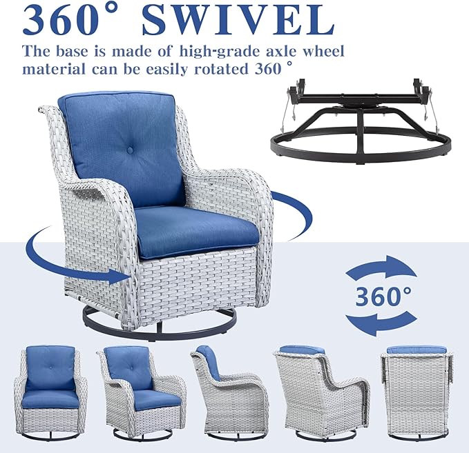 Wicker Patio Furniture Sets - 13 Piece Outdoor Rattan Furniture Conversation Sets with 4 Swivel Rocker Chairs, 2 Rattan Sofas, Wicker Ottomans and Coffee Table, Light Grey/Blue