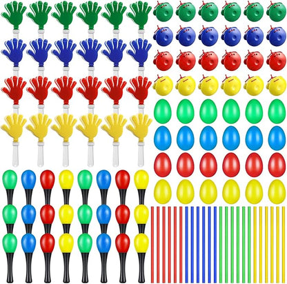 120 Pcs Musical Instruments Learning Percussion Toy Include 24 Plastic Egg Shakers 24 Hand Held Sand Hammers Maracas Rattle 24 Hand Clappers 24 Rhythm Sticks Wood Lummi Sticks 24 Finger Castanets