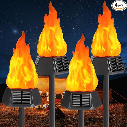 Toodour Solar Outdoor Torch Lights with Flickering Flame, Solar Pathway Decorative Lights, Waterproof LED Flame Torches for Outdoor Camping Garden Landscape Patio Path Yard Decorations - 4 Pack