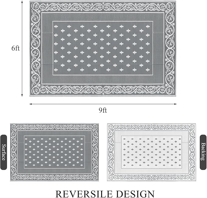 Pauwer Waterproof Outdoor Rug 6x9, Reversible Plastic Straw Patio Camping Rug, Indoor Outdoor RV Mat Carpet for Deck, Camper, Porch, Balcony, Backyard, Picnic, Bordered Grey