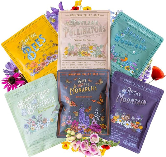 Wildflower Seeds Collection - 500,000+ Bulk Seeds - 6 Different Mixes Including Hummingbird & Butterfly, Save The Monarchs, Save The Bees, Shaded Woodland, Rocky Mountain, & Dryland Pollinator
