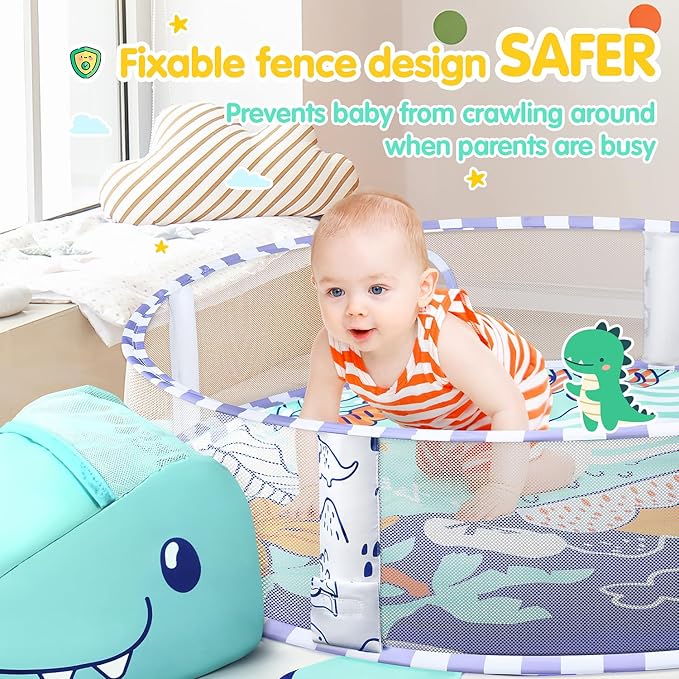 5-in-1 Baby Play Mat - Dinosaur Themed Activity Gym for Babies 0-6 Months with Ball Pit, Detachable Sensory Toys, Pillow, Machine Washable