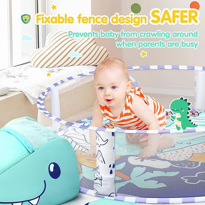 5-in-1 Baby Play Mat - Dinosaur Themed Activity Gym for Babies 0-6 Months with Ball Pit, Detachable Sensory Toys, Pillow, Machine Washable