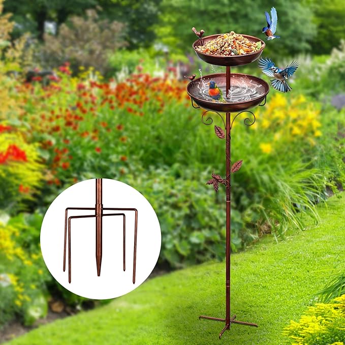 Metal Bird Bath for Outside, 2-in-1 Birdfeeder and Bath, 42 Inch Tall Stand with Hummingbird, Large 12Inch & Small 7.9Inch Bird Bath Bowl, 3 Bird Decor for Garden, Antique Bronze