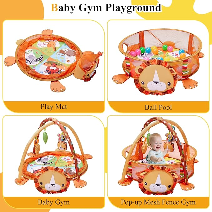 5-in-1 Baby Play Mat,Tummy Time Mat Baby Gym with 30 Balls & 4 Toys,Play Mat for Babies 0-6 Months Baby Play Gym Funny Animal,Lion