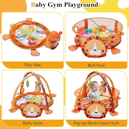 5-in-1 Baby Play Mat,Tummy Time Mat Baby Gym with 30 Balls & 4 Toys,Play Mat for Babies 0-6 Months Baby Play Gym Funny Animal,Lion