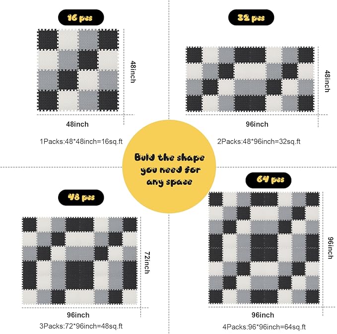 Shihanee Foam Floor Baby Tiles Foam Floor Mats Play Mats Bulk with Borders Interlocking for Kids Baby Playroom Nursery Gym (Black, White and Gray,64ft)
