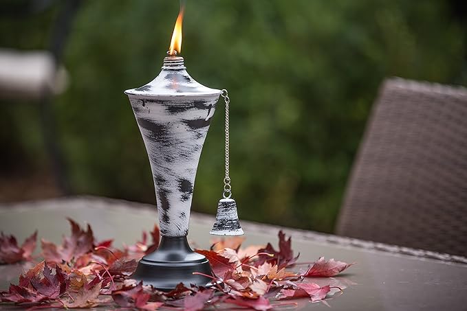 Set of 4, Oahu Premium Metal Outdoor Torches for Patio, Lawn and Garden - Tiki Style Metal Torch/w Snuffer, Fiberglass Wick & Large 16oz Oil Lamp - 53" Tall (Whitewash)