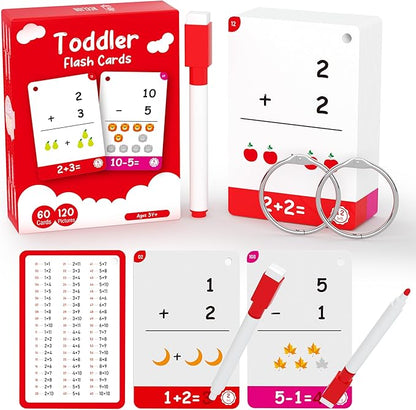 60Cards, 120 Pictures Math Flash Cards for Kindergarten,1ST, 2ND, 3RD Grade, Addition Subtraction Flash Cards for Kids Ages 6,7,8,9,10 Years