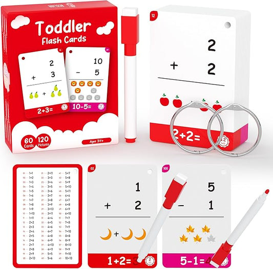 60Cards, 120 Pictures Math Flash Cards for Kindergarten,1ST, 2ND, 3RD Grade, Addition Subtraction Flash Cards for Kids Ages 6,7,8,9,10 Years