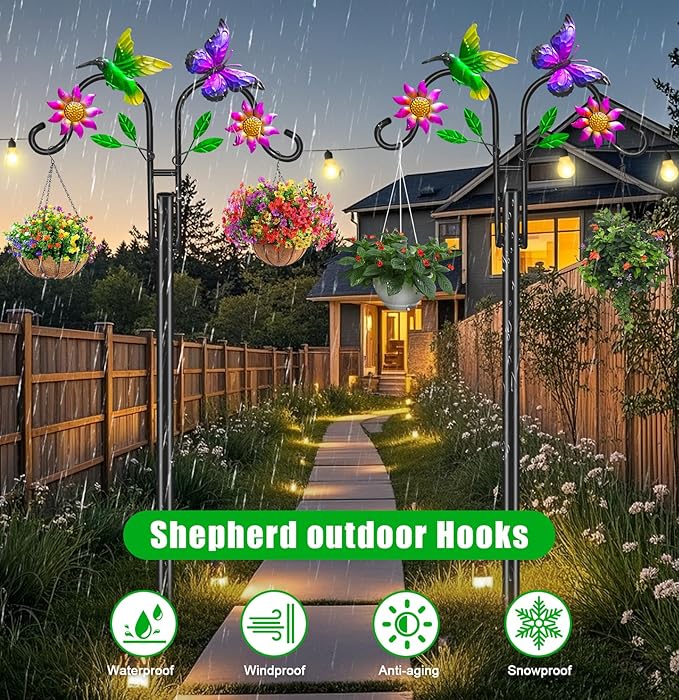Double Shepherds Hooks for Outdoor, Artistic Hummingbird & Flower Design, 5 - Prong Base, Ideal for Bird Feeders, Baskets & Lanterns (1 Pack)