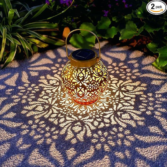 2 Pack Outdoor Solar Hanging Lantern Lights Metal LED Decorative Lamp for Garden Patio Courtyard Lawn and Table with Hollowed-Out Design (Sunset Blaze)