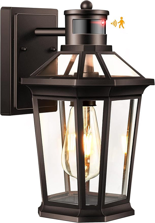 VIANIS Oil Rubbed Bronze Dusk to Dawn Motion Sensor Porch Light, Anti-Rust Aluminum Frame, Tempered Glass, 100% Weather Resistant, Easy Installation, Fits Standard E26 Bulbs