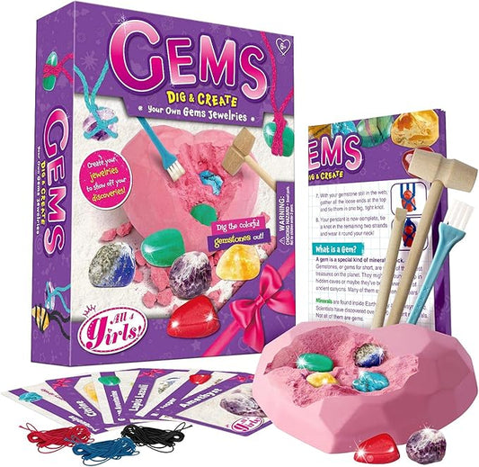 6PCS Gemstone Dig Kit for Kids – Dig Up Amethyst, Lapis Lazuli, Citrine, Red Jasper, Aventurine & Turquoise – DIY Jewelry Making STEM Science Kit Gift for Girls and Boys Ages 6+