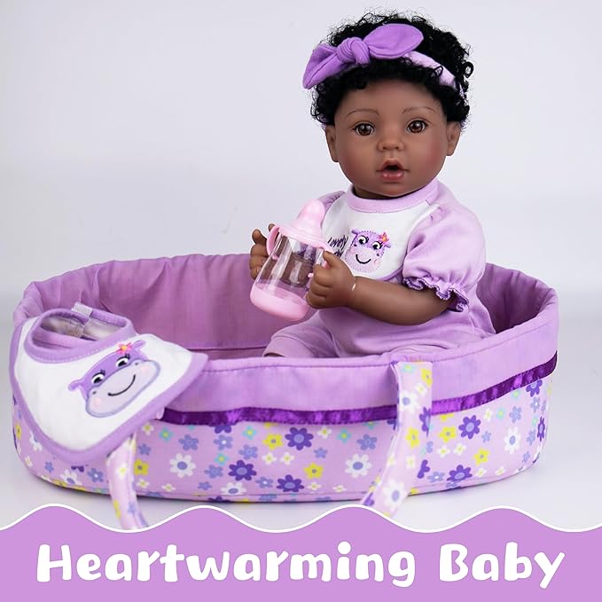 Reborn Baby Doll 18" African American Baby Dolls, Realistic Newborn Girl with Poseable Limbs, Weighted Body & Handcrafted Features, Collectible Gift Set Includes Bassinet Outfit & Accessories