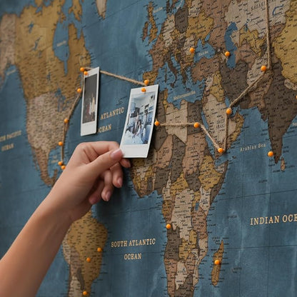 Canvas World Map with Cork Pin Board - English Lettering - Decorative Wall Decoration for All Rooms - Canvas Pictures with World Map Motif (90x60 cm, Pattern 13)