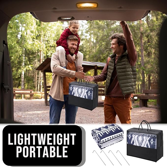 OLANLY Outdoor Rug Waterproof 10x14 ft, Reversible Outdoor Plastic Straw Rug, Boho Patio Rug, Indoor Outdoor Carpet, RV Mat Outside for Patio, Camp, Picnic, Balcony, Deck, Backyard, Navy & White