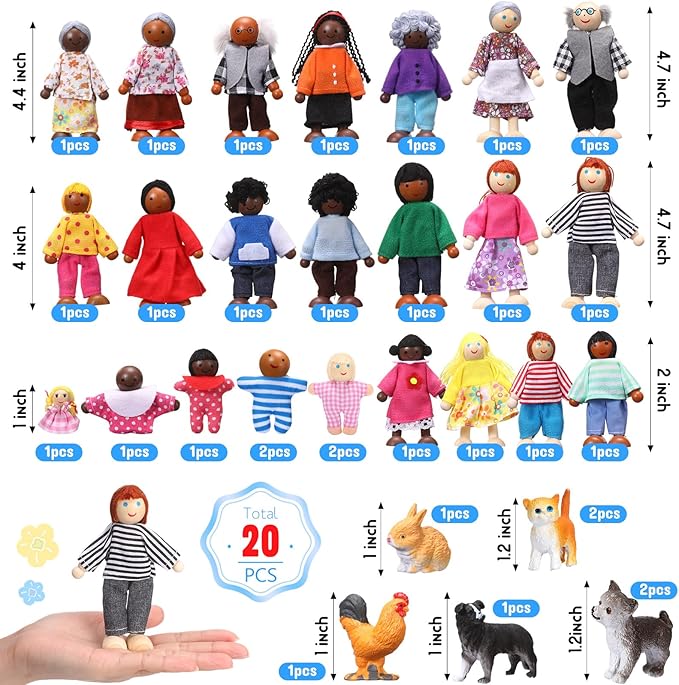 HyDren 30 Pcs Wooden Dollhouse Family of 23 People 7 Pets Doll House People Figures Dollhouse Dolls Wooden Dolls Dollhouse Accessories for Girls Toddler Kids Christmas Pretend Role Play Dress up Gift