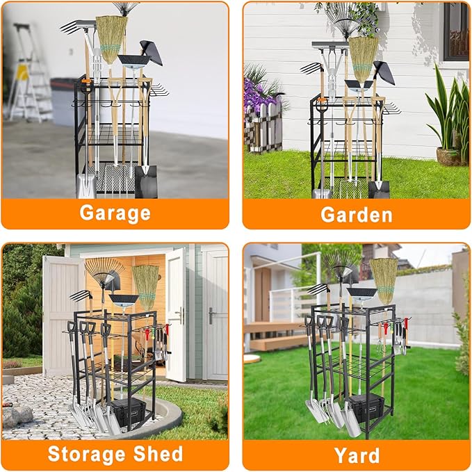 3 Tier Garden Tool Organizer, Yard Tool Tower Rack, Tool organizer up to 78 Tools, Heavy Duty Garden Tool Organizer for Garage, Yard, Patio, Shed, Indoors and Outdoors, Black