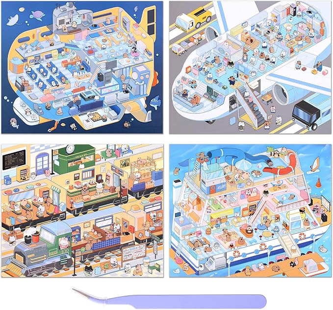 Girls 3D Miniature Scene Stickers, 4 Sets Traffic Series DIY House Stickers for Submarine, Train, Cruise Ship, Airplane,Cute 3D Cartoon Sticker Scenes for Adult Kids Relief Stress Pass The Time