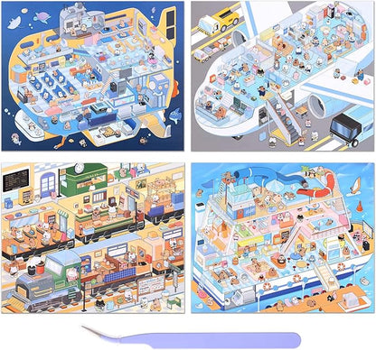 Girls 3D Miniature Scene Stickers, 4 Sets Traffic Series DIY House Stickers for Submarine, Train, Cruise Ship, Airplane,Cute 3D Cartoon Sticker Scenes for Adult Kids Relief Stress Pass The Time