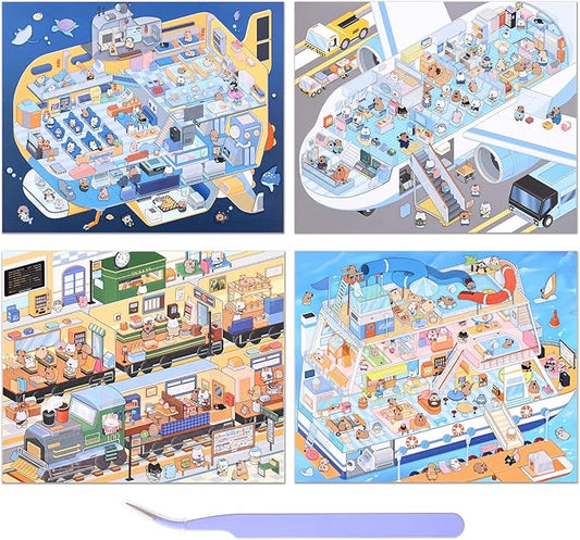 Girls 3D Miniature Scene Stickers, 4 Sets Traffic Series DIY House Stickers for Submarine, Train, Cruise Ship, Airplane,Cute 3D Cartoon Sticker Scenes for Adult Kids Relief Stress Pass The Time