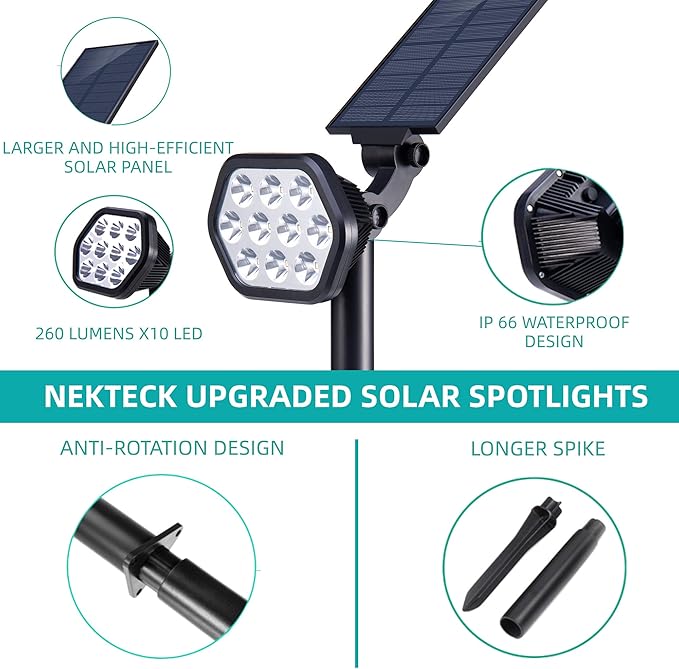 Nekteck Solar Lights Outdoor,10 LED Landscape Spotlights Powered Wall Lights 2-in-1 Wireless Adjustable Security Decoration Lighting for Yard Garden Walkway Porch Pool Driveway (6 Pack, Warm White)