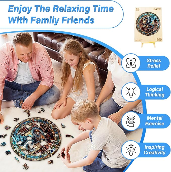 WOODBESTS Wooden Puzzles for Adults (100 Piece, S, 8.5"x8.5") Dragon's Library Wood Puzzle Adult, Unique Wooden Animal Jigsaw Puzzles, Family Game and Birthday Gifts for Friend