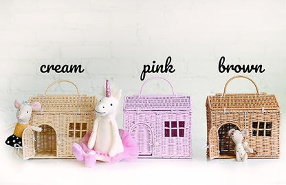 Rool Rattan House Shaped Basket Wicker Small Dollhouse Gift for Girls, Boho Toys, Mouse in a Box House, Little Girl Purse Clutch, Doll Carrier (Cream)
