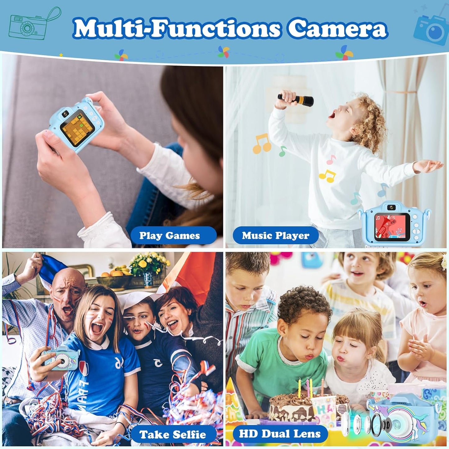 Kids Camera,HD Digital Video Camera with Protective Cover,Childrens Toys for 3 4 5 6 7 8 9 Year Old Boys/Girls,Selfie Camera for Kids,Christmas Birthday Gifts with 32GB SD Card (Unicorn Blue)