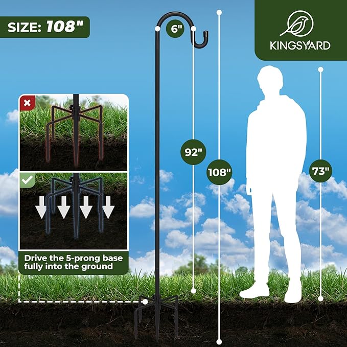 Kingsyard Adjustable Shepherd Hooks for Outdoor - Heavy Duty Bird Feeder Pole with 5 Prong Base, Garden Plant Hanger, Weddings Decor, Solar Light Lanterns, 108 inch