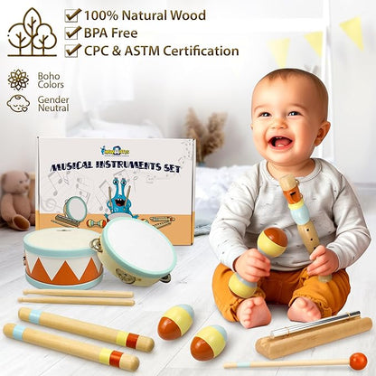 MINIARTIS Toddler Musical Instruments - Montessori Wooden Musical Toys for Toddlers 1-3 | Modern Boho Baby Drum Set with Neutral Colors Percussion Instruments | Kids Preschool Educational 3+