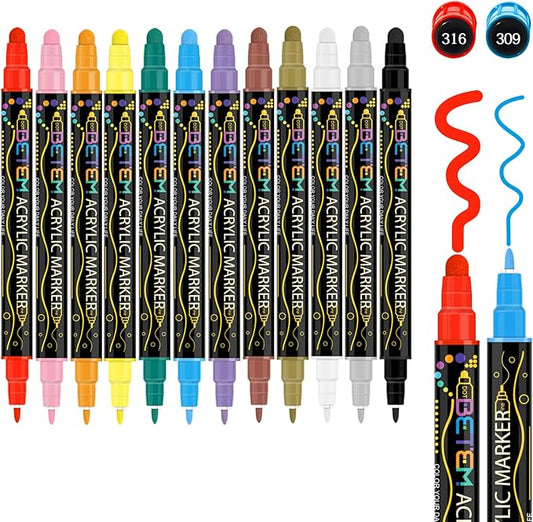 Betem 12 Colors Dual Tip Acrylic Paint Pens Markers, Premium Acrylic Paint Pens for Halloween Decorations, Wood, Canvas, Stone, Rock Painting, Glass, Ceramic Surfaces, Pumpkin Painting Kit DIY Crafts