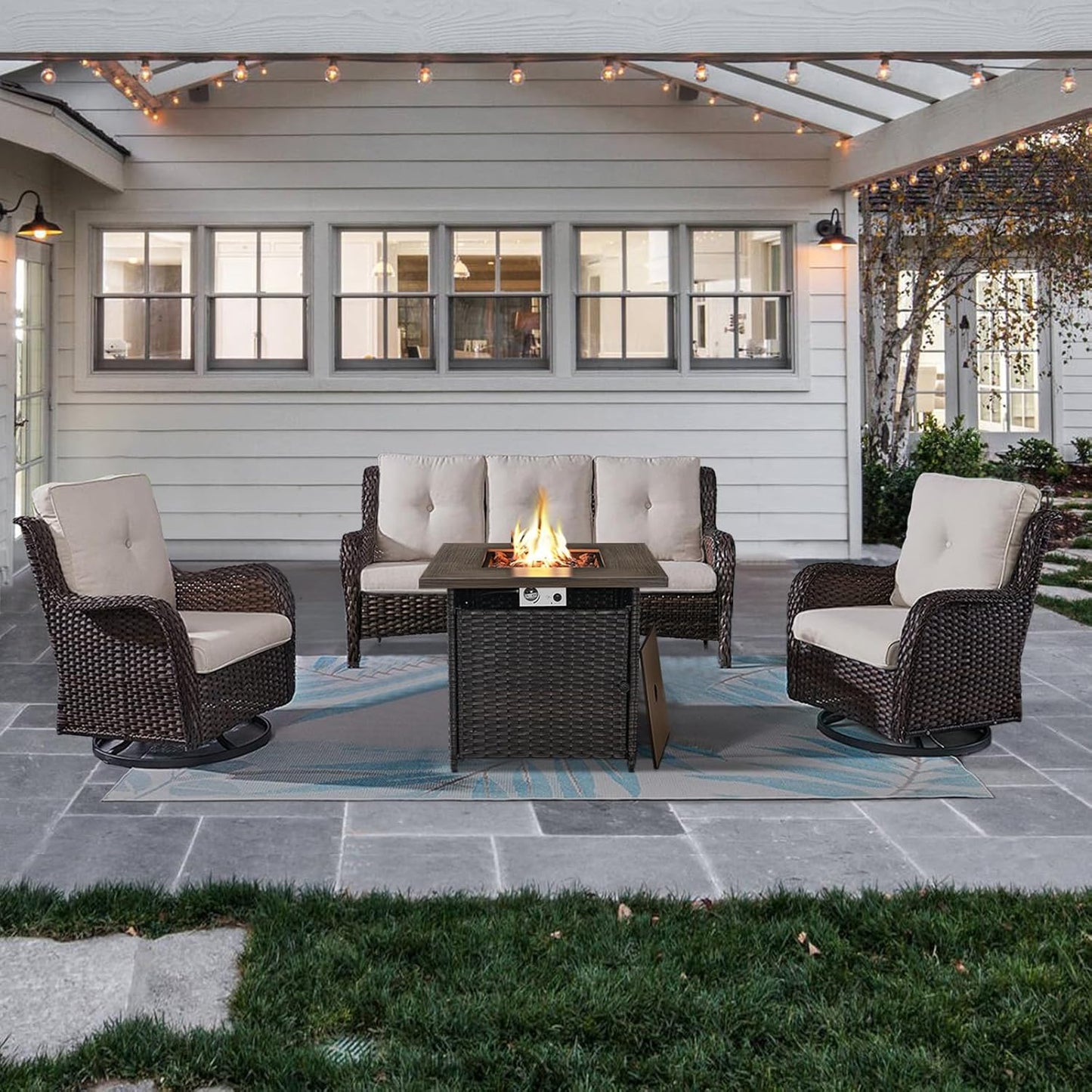Outdoor Patio Furniture Set with 50000BTU Propane Fire Pit Table, 4 Pieces Wicker Patio Conversation Set with 2 Swivel Rocker Glider Chairs Rattan Sofa Blue Cushion Perfect for Casual Gathering
