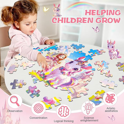 Floor Puzzles for Kids Ages 4-6, 70 Pieces Large Round Unicorn Princess Floor Puzzle Unicorn Jigsaw Puzzle Toy for 3 4 5 6 Toddler Girls - Educational Christmas, Birthday Gift