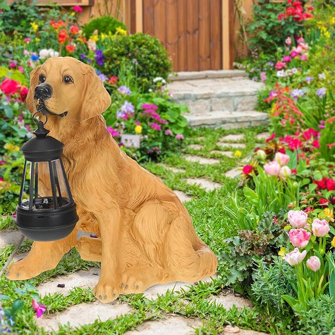 Garden Dog Statues Outdoor Decor, Resin Solar Lights Outdoor Statue Led Garden Decorations Windproof Lamp Lawn Ornaments Front Yard Decorations Outdoor for Porch Home Patio(Golden Retriever)