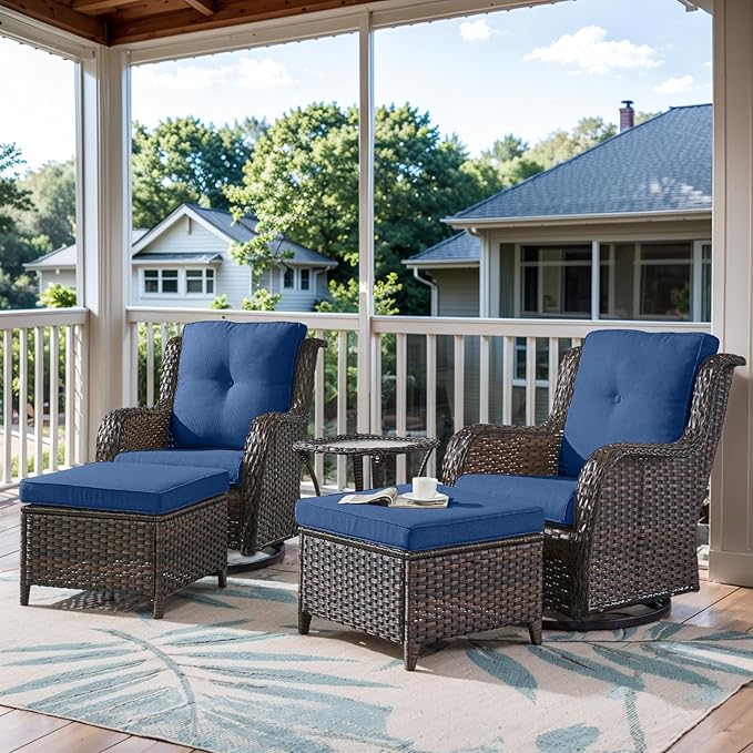 5 Pieces Patio Furniture Sets Wicker Outdoor Furniture, Rattan Patio Swivel Glider Chairs with 2 Ottoman and Glass Side Table