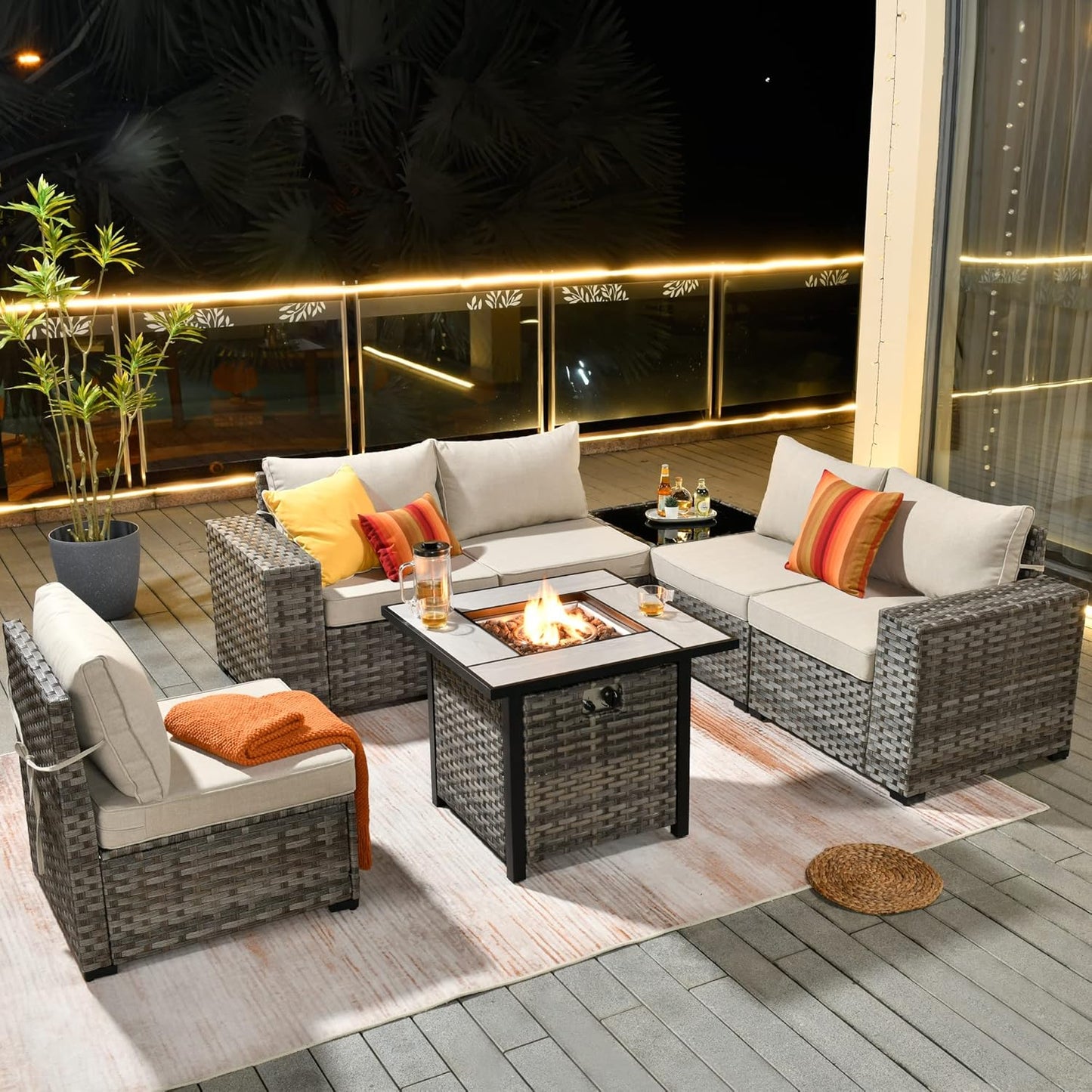 HOOOWOOO Modular Patio Outdoor Sectional Furniture Set with Gas Propane Fire Pit Table,7 Piece Wicker Conversation Sofa Set,Out Door Couch Set with Wide Arm Outside(Beige)