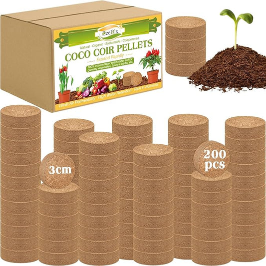 ZeeDix Organic Coco Coir Pellets Potting Soil, 200pcs 30mm Compressed Coconut Fiber Seed Starter Soil Pellets, Coco Peat Soil Discs for Indoor Outdoor Plants, Herbs, Houseplants, Flowers, Vegetables