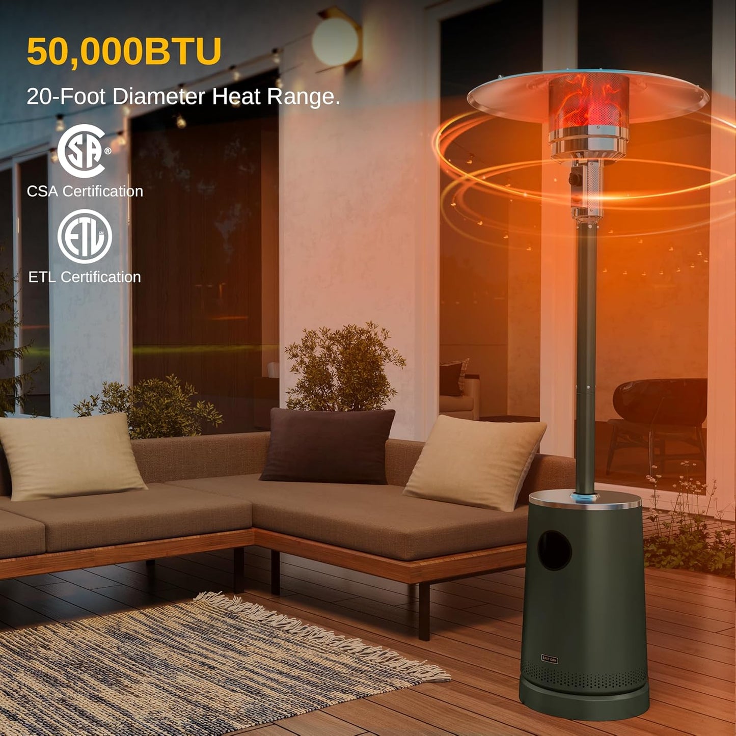 EAST OAK 50,000 BTU Patio Heater with Sand Box, Table Design, Double-Layer Stainless Steel Burner, Wheels, Triple Protection System, Outdoor Heater for Home and Residential, Rain Forest