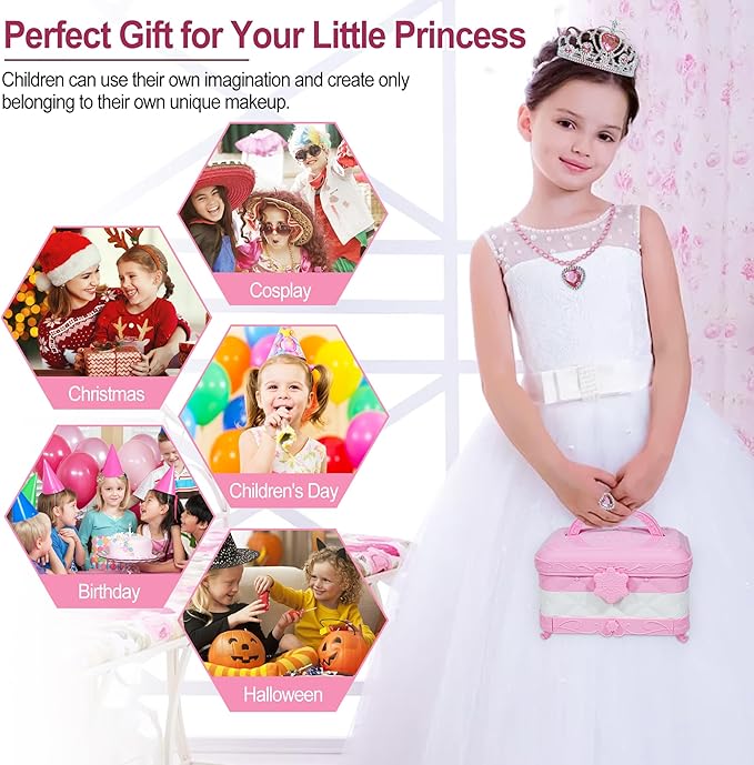 60 in 1 Kids Makeup Kit, with 3-Color Led Makeup Mirror Real Washable Kids Makeup Sets for Girls 5-8, Perfect Girl Birthday Gift, Age 3+