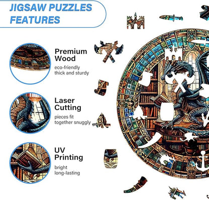 WOODBESTS Wooden Puzzles for Adults (300 Piece, L, 13.4"x13.4") Dragon's Library Wood Puzzle Adult, Unique Wooden Animal Jigsaw Puzzles, Family Game and Birthday Gifts for Friend