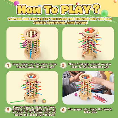 Montessori Wooden Board Game for Kids 3-6 Years - Educational Learning Toy with Colorful Sticks, Dice& Balls - Fine Motor Skills, Classic Tower Games for Family Night - Gift for Toddlers Boys Girls