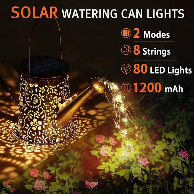 Otdair Solar Lights Outdoor Garden Decor, Metal Flower Solar Watering Can Lights with 2 Lighting Modes, Outdoor Decorations for Yard, Garden, Patio, Pathway, Christmas, Gift for Mom Grandma