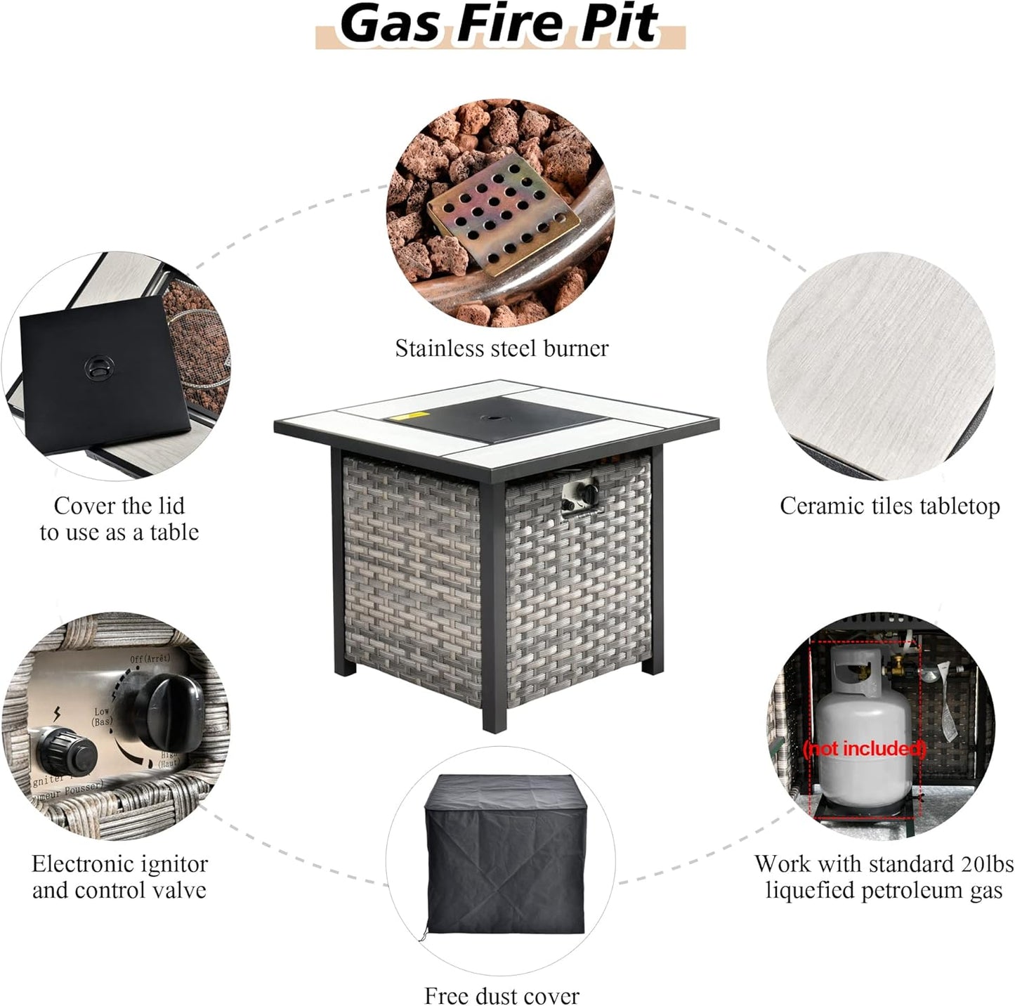HOOOWOOO Modular Patio Outdoor Sectional Furniture Set with Gas Propane Fire Pit Table,7 Piece Wicker Conversation Sofa Set,Out Door Couch Set with Wide Arm Outside(Beige)